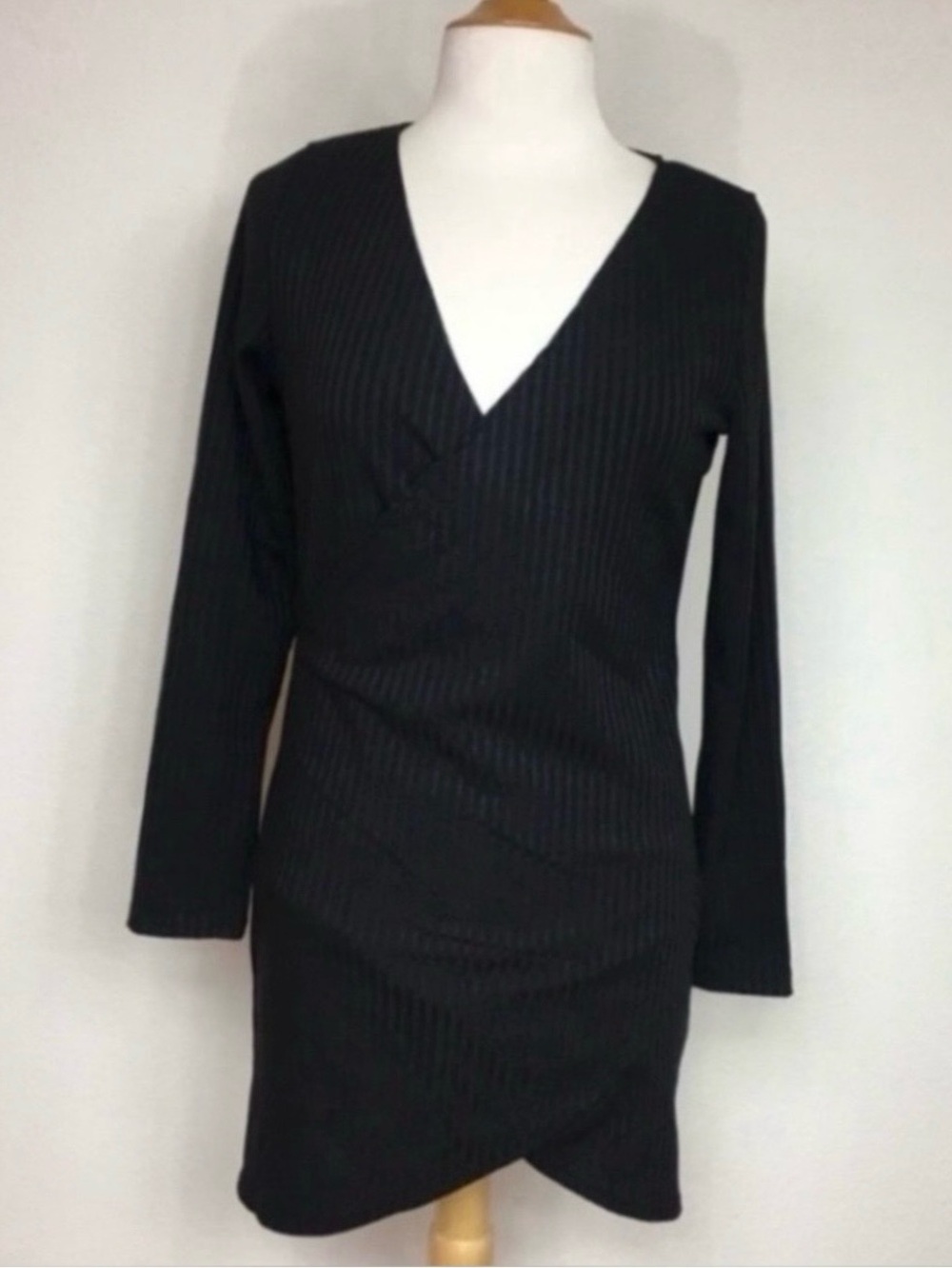 NWT New Amazon Women's Black Ribbed V Neck Long Sleeve Faux Wrap Mini Dress XL